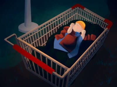 A digital illustration of a baby nestled in shirts while sleeping in a shopping cart repurposed as a crib, outside.